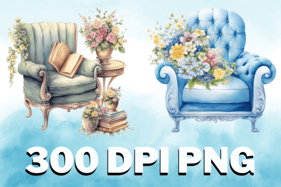 Chair Floral Watercolor Clipart Set V12 Graphics and Illustrations