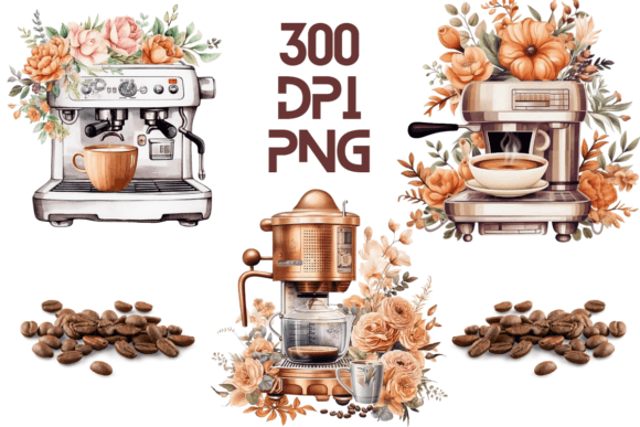 Coffee Machine Watercolor Floral PNG 01 Graphics and Illustrations Review