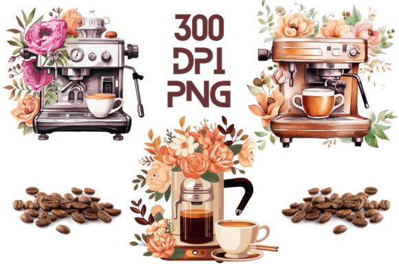 Coffee Machine Watercolor Floral PNG 10 Graphics and Illustrations