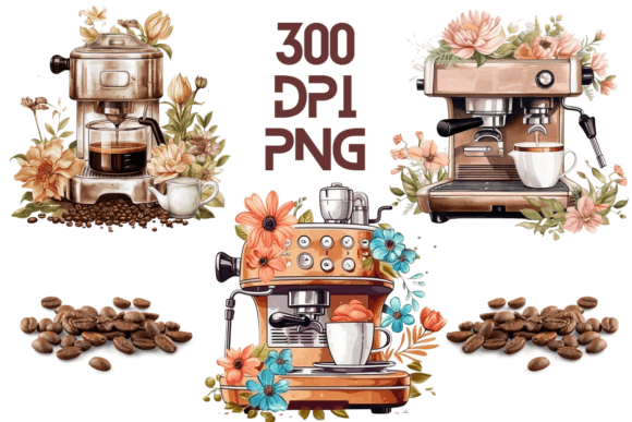 Coffee Machine Watercolor Floral PNG 16 Graphics and Illustrations Review