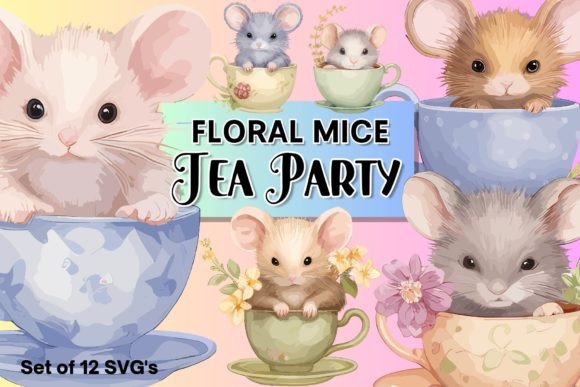 Floral Mice Tea Party SVG Clipart Set Graphics and Illustrations