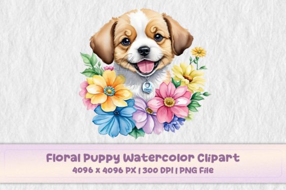 Floral Puppy Watercolor Clipart for Graphics and Illustrations