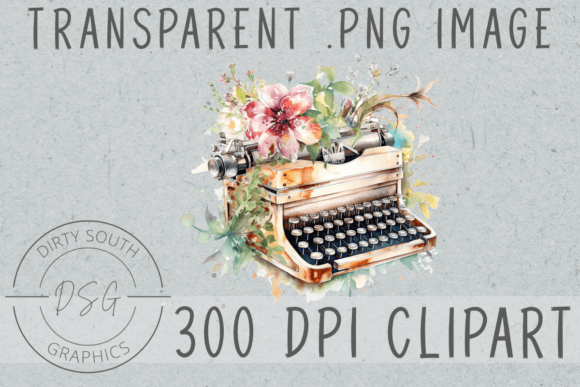 Floral Typewriter Watercolor Clip Art for Graphics and Illustrations