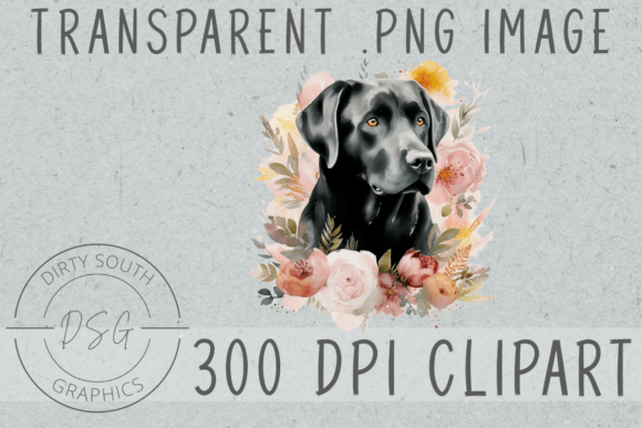 Watercolor Floral Black Lab Clip Art Graphics and Illustrations