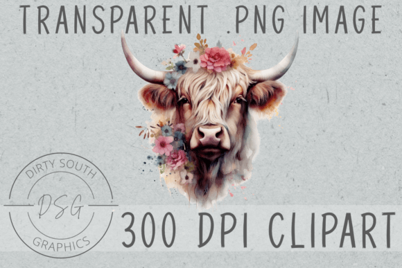Watercolor Floral Bull Cow Clip Art Graphics and Illustrations