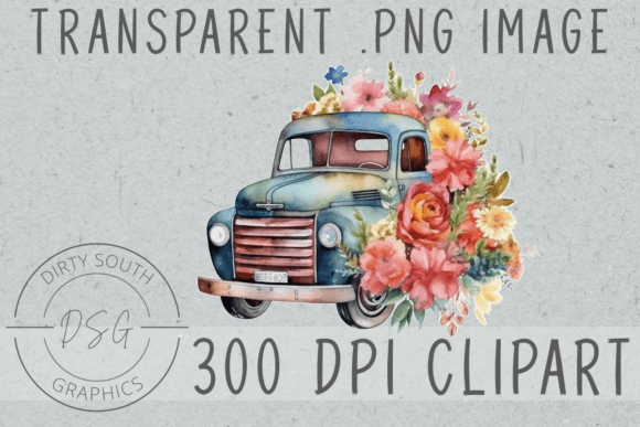 Watercolor Vintage Floral Truck Clip Art